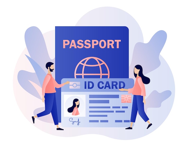 Smart id card concept tiny people and biometric documents digital passport and driver license