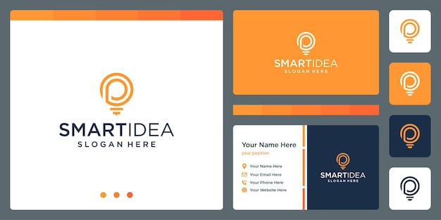 Smart idea with shape lamp bulb and initials letter p. business card design template. vector premium