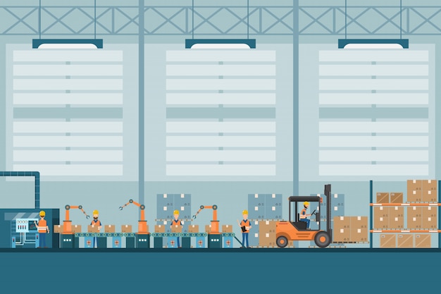 Vector smart industrial factory in a flat style with workers, robots and assembly line packing