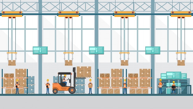 Smart industrial factory in a flat style with workers, robots and assembly line packing.