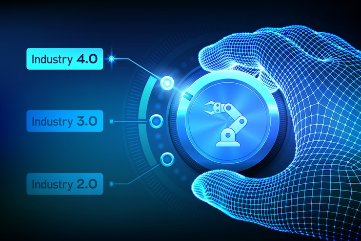 Vector smart industry 4.0 concept. industrial revolutions steps. wireframe hand turning a knob and selecting industry 4.0 mode.