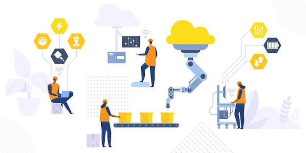 Smart industry 4.0 vector illustration concept. production line with workers, automation and user interface concept. user connecting with a tablet and sharing data with a cyber-physical system