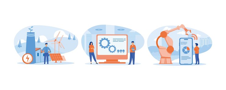 Vector smart industry concept people wearing virtual reality headsets engineering with augmented reality industrial factory set flat vector modern illustration