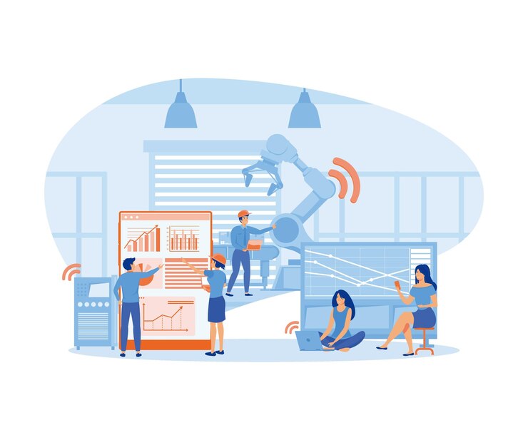 Vector smart industry concept smart factory and working person using wireless technology to control flat vector modern illustration