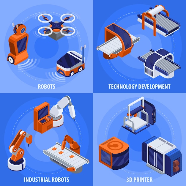 Icone concettuali isometriche per l'industria intelligente impostate con simboli di robot illustrazione vettoriale isolata