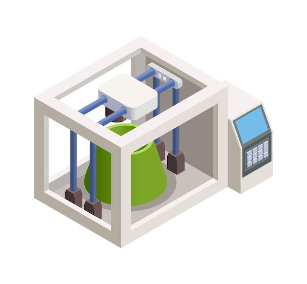 Icona isometrica del settore intelligente con illustrazione vettoriale del processo di stampa 3d