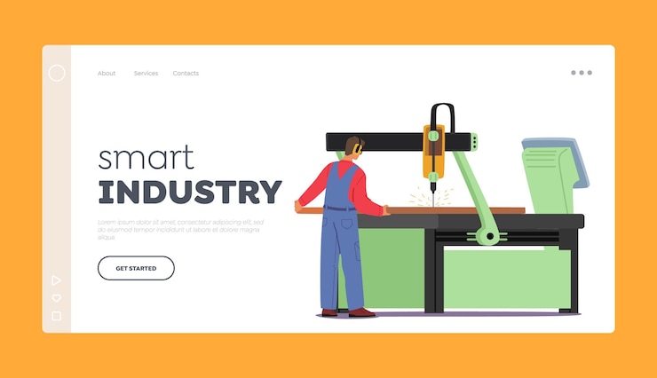 Vector smart industry landing page template factory employee work on manufacture machine worker making production