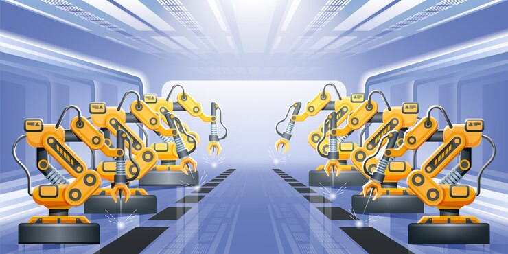 Vector smart industry modern smart factory with conveyor and robotic arms.  concept illustration