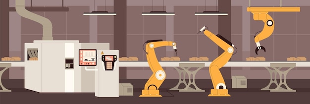 Smart industry with conveyor belt controlled by AI robots. Machines, equipment, high technology work at production, manufacturing process on automated assembly line. Flat vector illustration