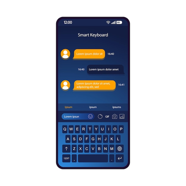 Vector smart keyboard smartphone interface vector template mobile app page blue design layout instant messaging screen flat ui for application smart dictionary predictive text input t9 phone display