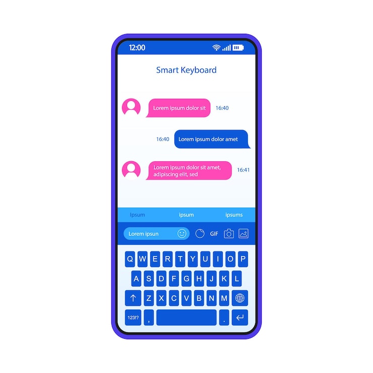 Vector smart keyboard smartphone interface vector template. mobile app page white design layout. instant messaging screen. flat ui for application. smart dictionary, predictive text input, t9. phone display