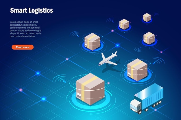 Smart logistics delivery tracking system with wireless\
technology shipment cartons delivery by airplane and transportation\
truck with cloud computing global logistic import export\
freight