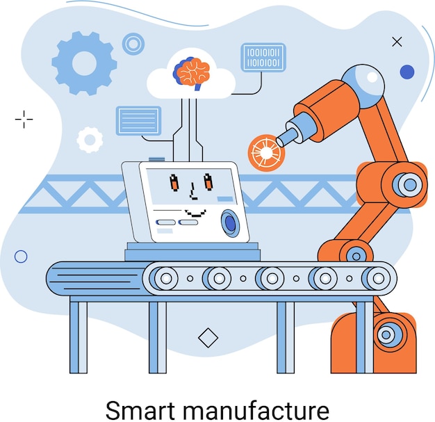 Concetto di produzione intelligente con linea di produzione automatizzata consegna e distribuzione innovative e contemporanee di progettazione di prodotti per l'industria intelligente con robot umani e linea di assemblaggio di trasportatori di macchinari