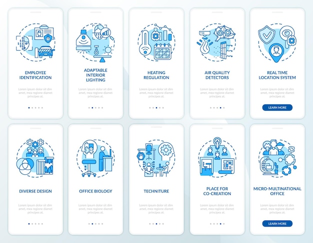 Smart office planning onboarding mobile app page screen with concepts set