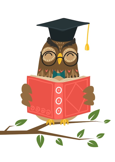 Smart owl reading book on tree branch