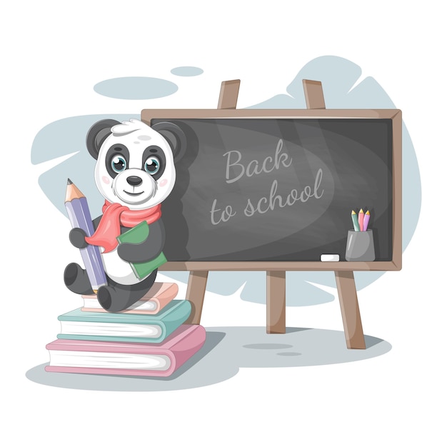 Smart panda with a pencil a school board and books