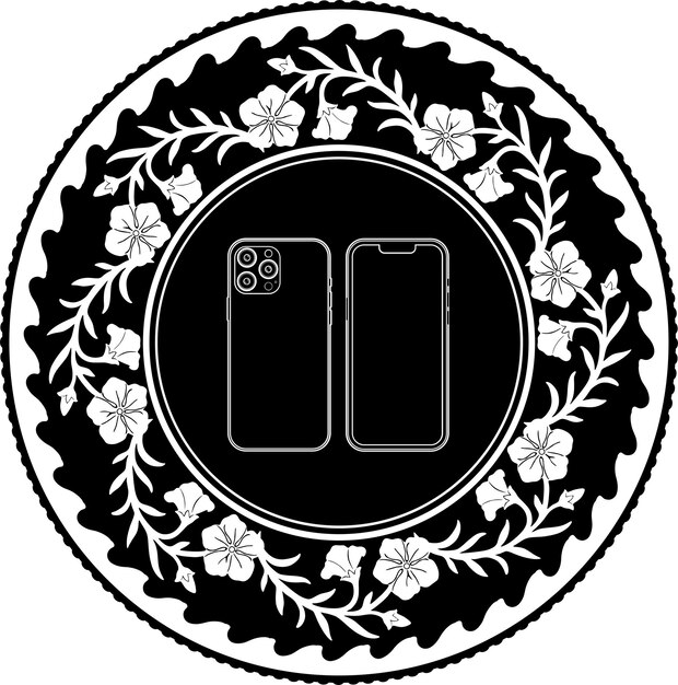 smart phone black outline logo with floral frame handmade silhouette model 123