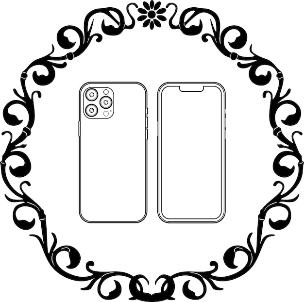 Vector smart phone black outline logo with floral frame handmade silhouette model 126