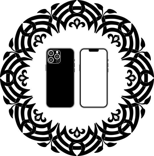 Vector smart phone black outline logo with floral frame handmade silhouette model 129