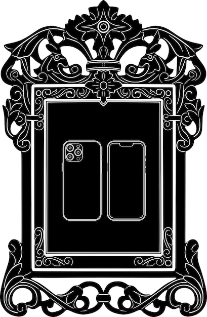 Vector smart phone black outline with floral frame handmade silhouette model 68