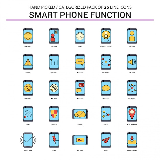 Smart phone functions Flat Line Icon Set