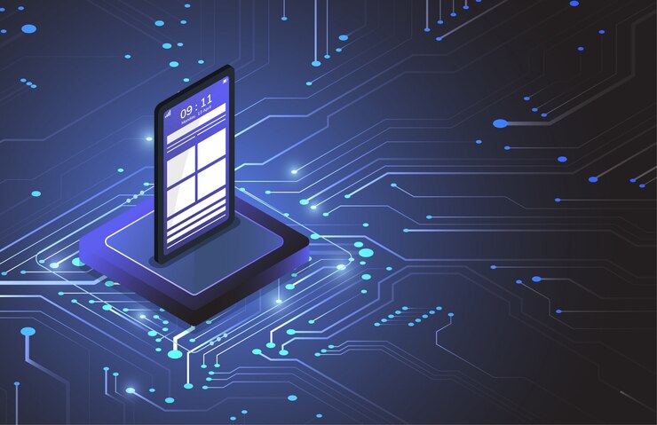 Vector smart phone isometric chipset on circuit board in futuristic concept technology