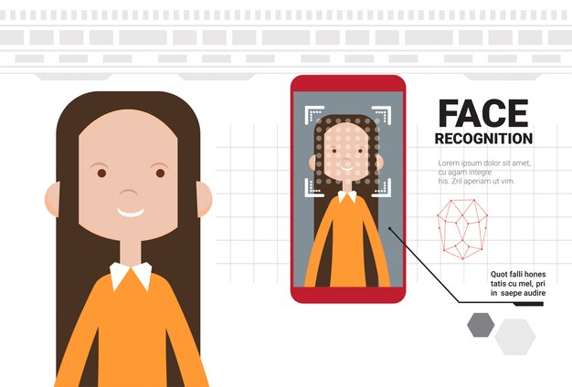 Смартфон сканирование женского лица современная система идентификации современная технология концепции биометрического распознавания