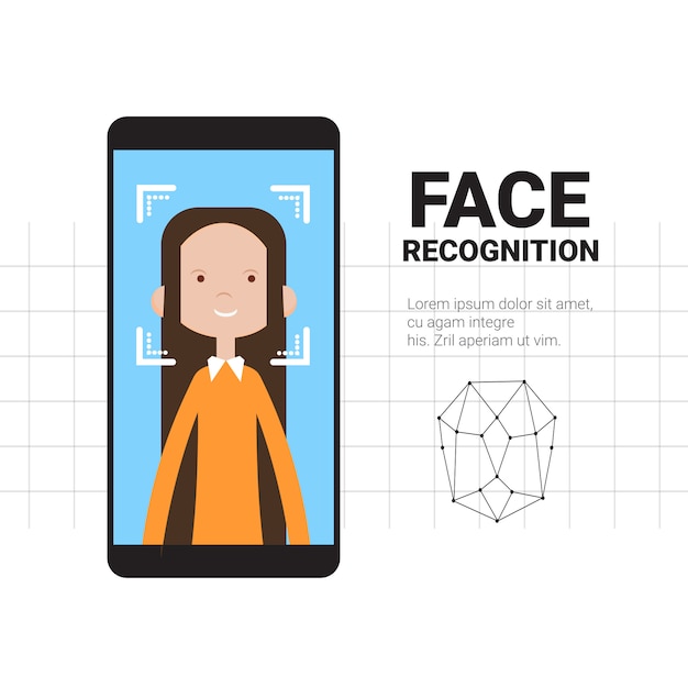 벡터 스마트 폰 스캔 여자 얼굴 현대 인식 시스템 액세스 제어 기술 생체 인식 개념