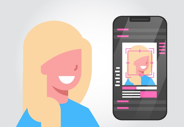 ベクトル スマートフォンのセキュリティシステムのスキャン女性ユーザーのバイオメトリック識別の概念の顔認識t