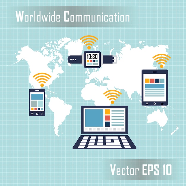 Vector smart phone , tablet , laptop and smart watch on earth map