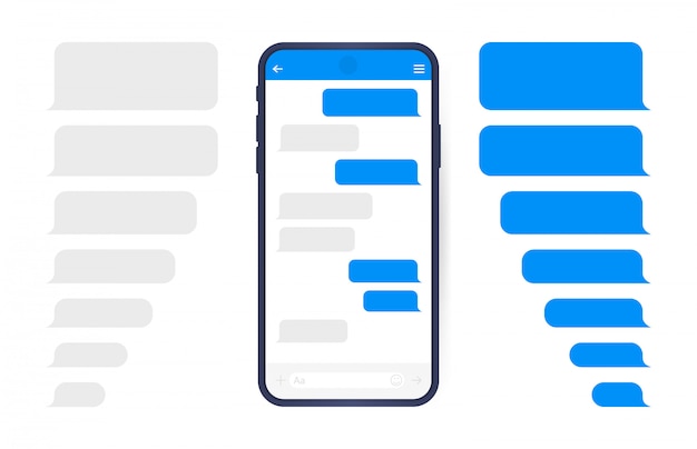 Smart phone con schermata di chat di messenger. bolle modello sms per dialoghi di composizione. stile piatto moderno