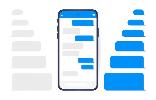 Vettore smart phone con schermata di chat di messenger. bolle modello sms per dialoghi di composizione. stile piatto moderno