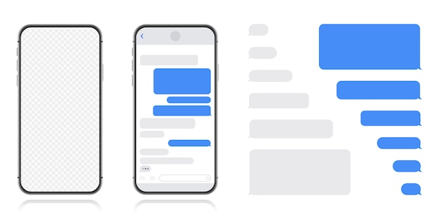 Вектор Смартфон с экраном чата. sms шаблон пузырей для создания диалогов. современная иллюстрация плоский стиль.