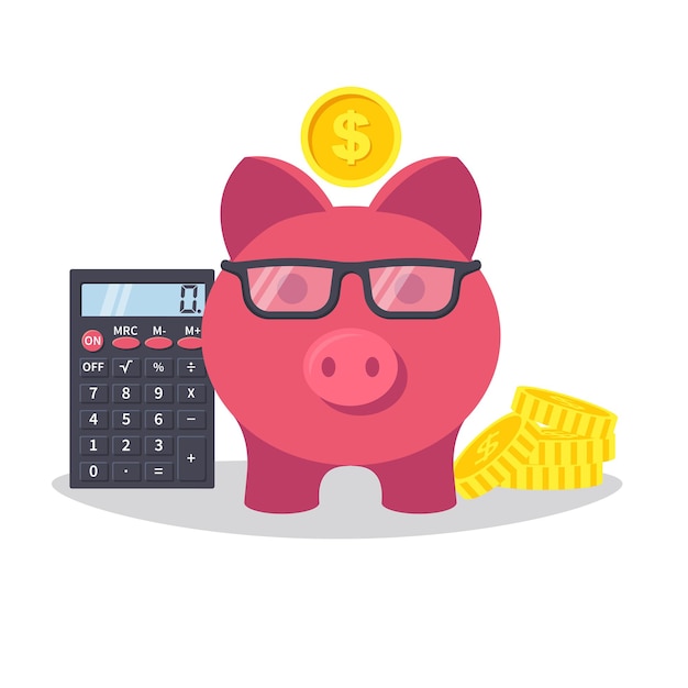 Vector smart piggy bank pink pig with glasses and stack of coins and calculator