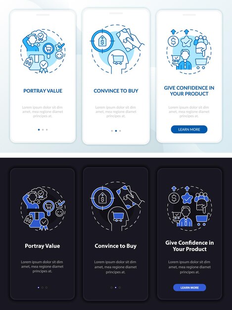 스마트 가격 전략 밤낮 모드 온보딩 모바일 앱 화면. 선형 개념이 있는 연습 3단계 그래픽 지침 페이지. Ui, Ux, Gui 템플릿입니다. 무수히 많은 Pro-bold, 일반 글꼴 사용