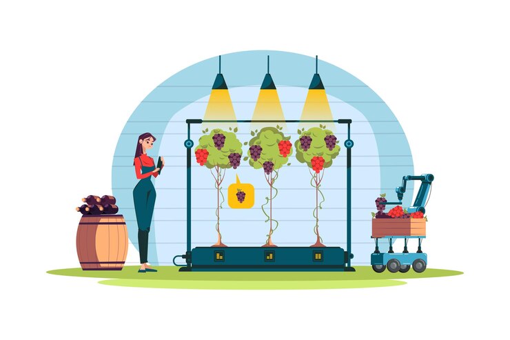 Vector smart robotic farmers analyze the growth and harvesting of fresh grape plants