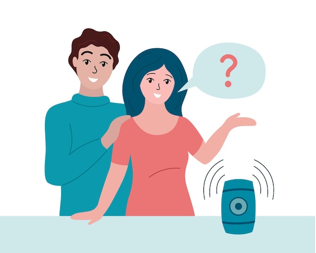 Smart speaker device at home family couple talking with voice assistant woman asking question to smart speaker gadget people and device flat vector illustration