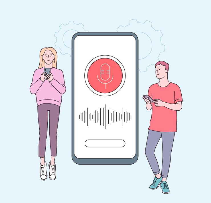 스마트 스피커, 캐릭터가있는 음성 어시스턴트 개념. 스마트 폰 근처 가제트와 젊은 사람들. 스피커 인식, 음성 제어 스마트 스피커. 음성 활성화 디지털 비서