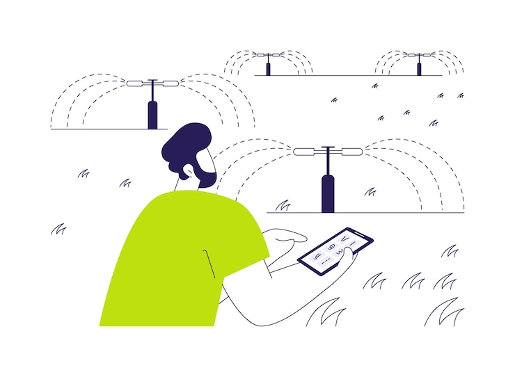Vector smart sprinkler system abstract concept vector illustration man with smartphone checks outdoor