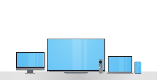 白い背景とレスポンシブウェブデザインフラットベクトルイラストのスマートテクノロジーデバイス