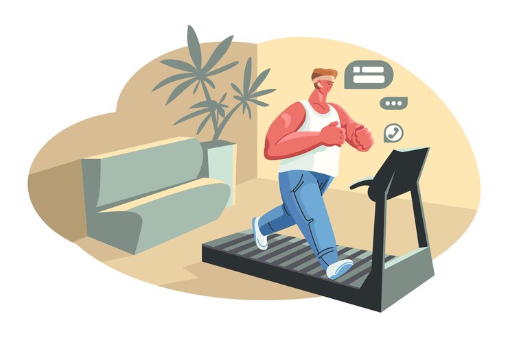 Vector smart technology pleased male athlete talking on smartphone during home workout sporty young man in wireless headphones running on treadmill in room vector illustration