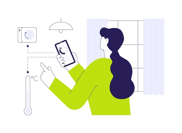 スマートサーモスタット抽象概念ベクトルイラスト スマートフォンで温度をチェックする女性