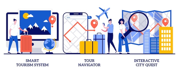 스마트 관광, 투어 네비게이터, 작은 사람들과의 대화형 도시 퀘스트 개념. 여행 경험 벡터 일러스트 레이 션을 설정합니다. 해외 활동적인 레크리에이션, 관광 모험 계획 은유.