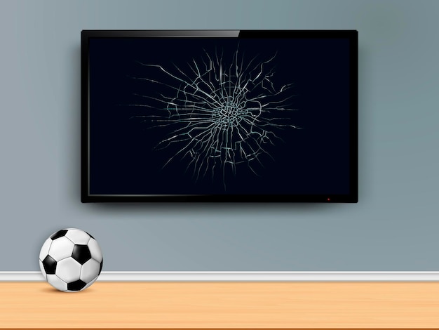 Smart tv gebroken scherm op muur en voetbal