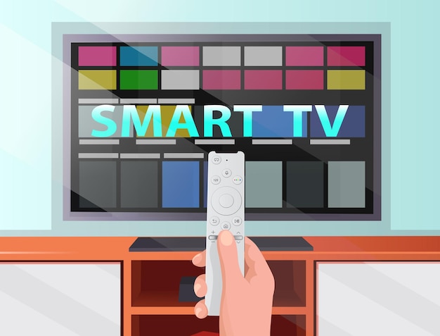 Vector smart tv hand holding tv remote control video service with internet streaming