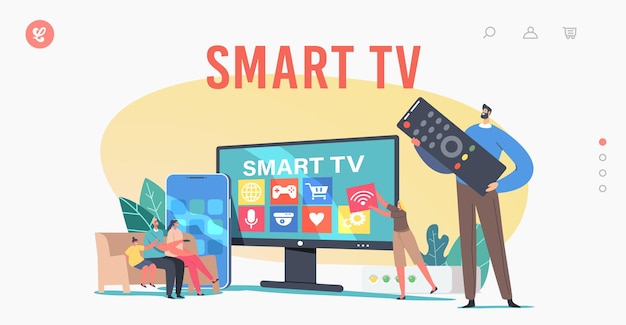 Шаблон целевой страницы Smart TV. Крошечные семейные персонажи, сидящие за огромным телевизором, смотрят видео с помощью пульта дистанционного управления и мультимедийной коробки, цифровой сервис. Мультфильм людей векторные иллюстрации