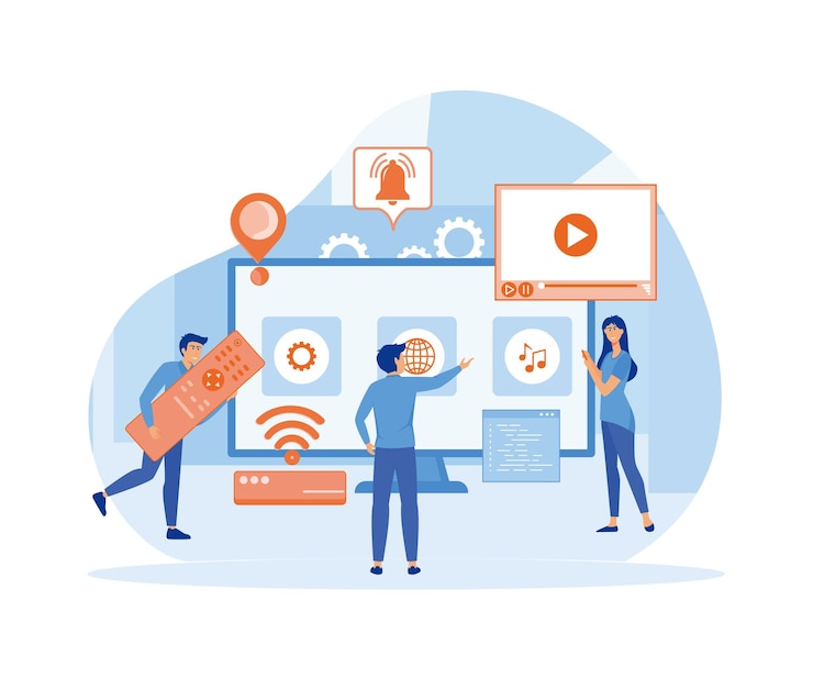 Vector smart tv technology with tiny people design concept flat vector modern illustration