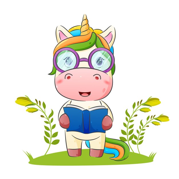 The smart unicorn is using a glasses and holding a book illustration