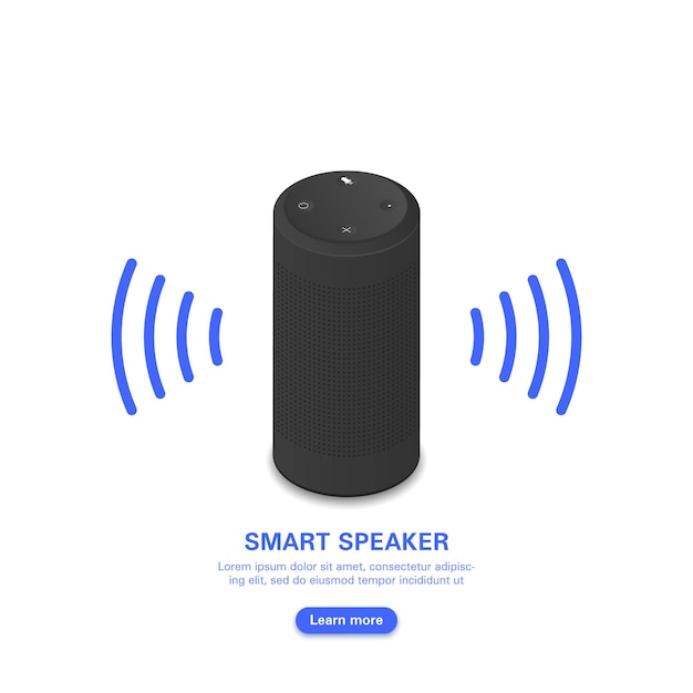 Vector smart voice assistant. black portable loudspeaker on white