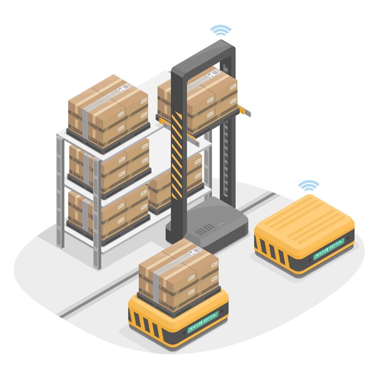 Vector smart warehouse robot forklift carry heavy cargo ai automatic loadind section industry isometric